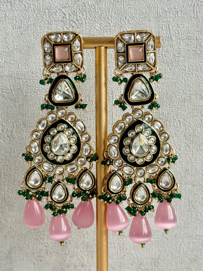 Ayura Designs Zahira Bridal Set with Necklace, Earrings & Tikka – Kundan Detailing with Blush Pink Drops, Green Enamel & Green Bead Accents
