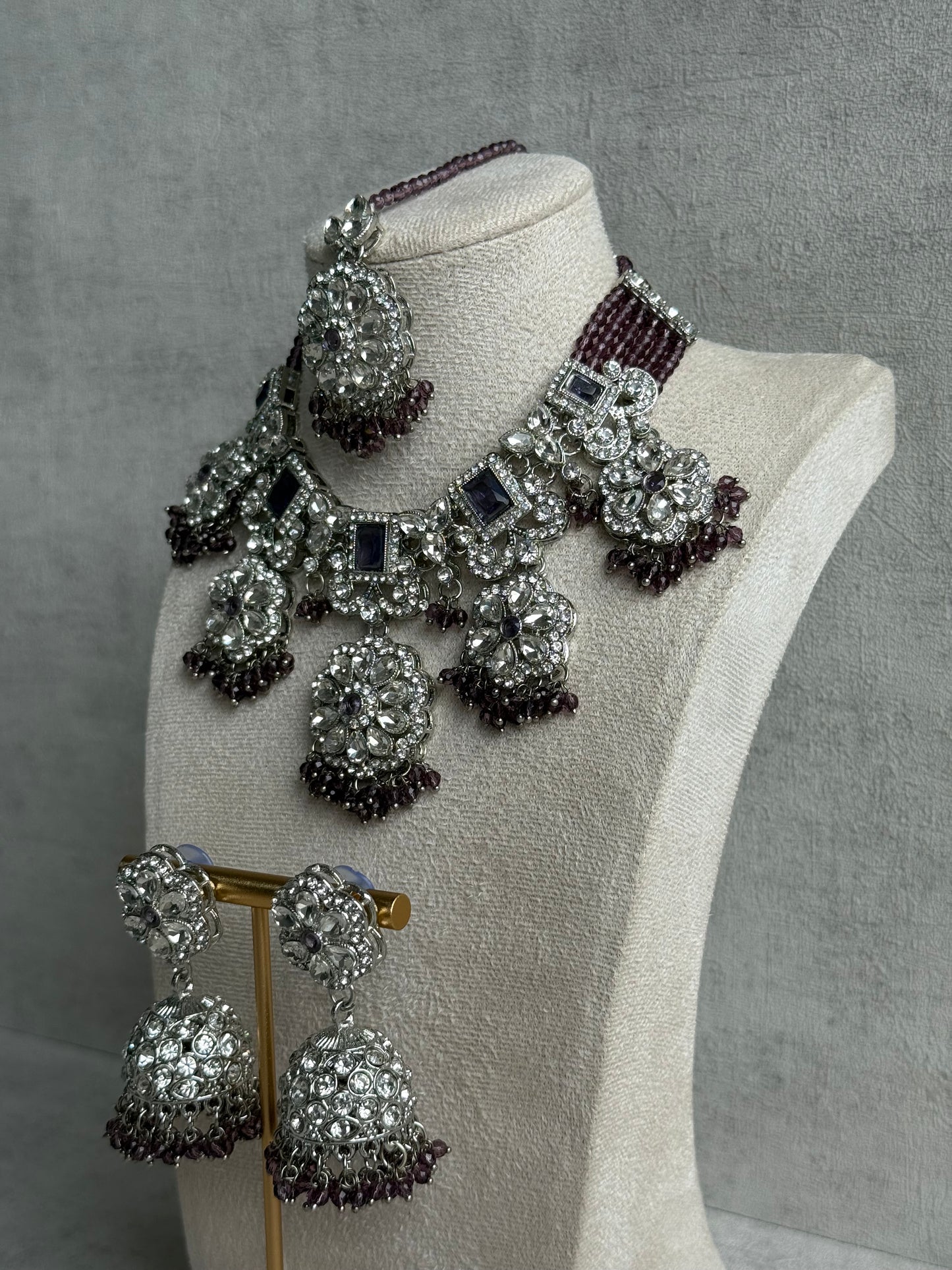 Ayura Designs Zarghuna Set with Jhumkis & Tikka – Mauve Beads, Mirror-Cut Stones & Silver Finish
