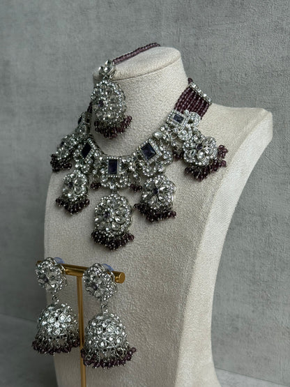 Ayura Designs Zarghuna Set with Jhumkis & Tikka – Mauve Beads, Mirror-Cut Stones & Silver Finish