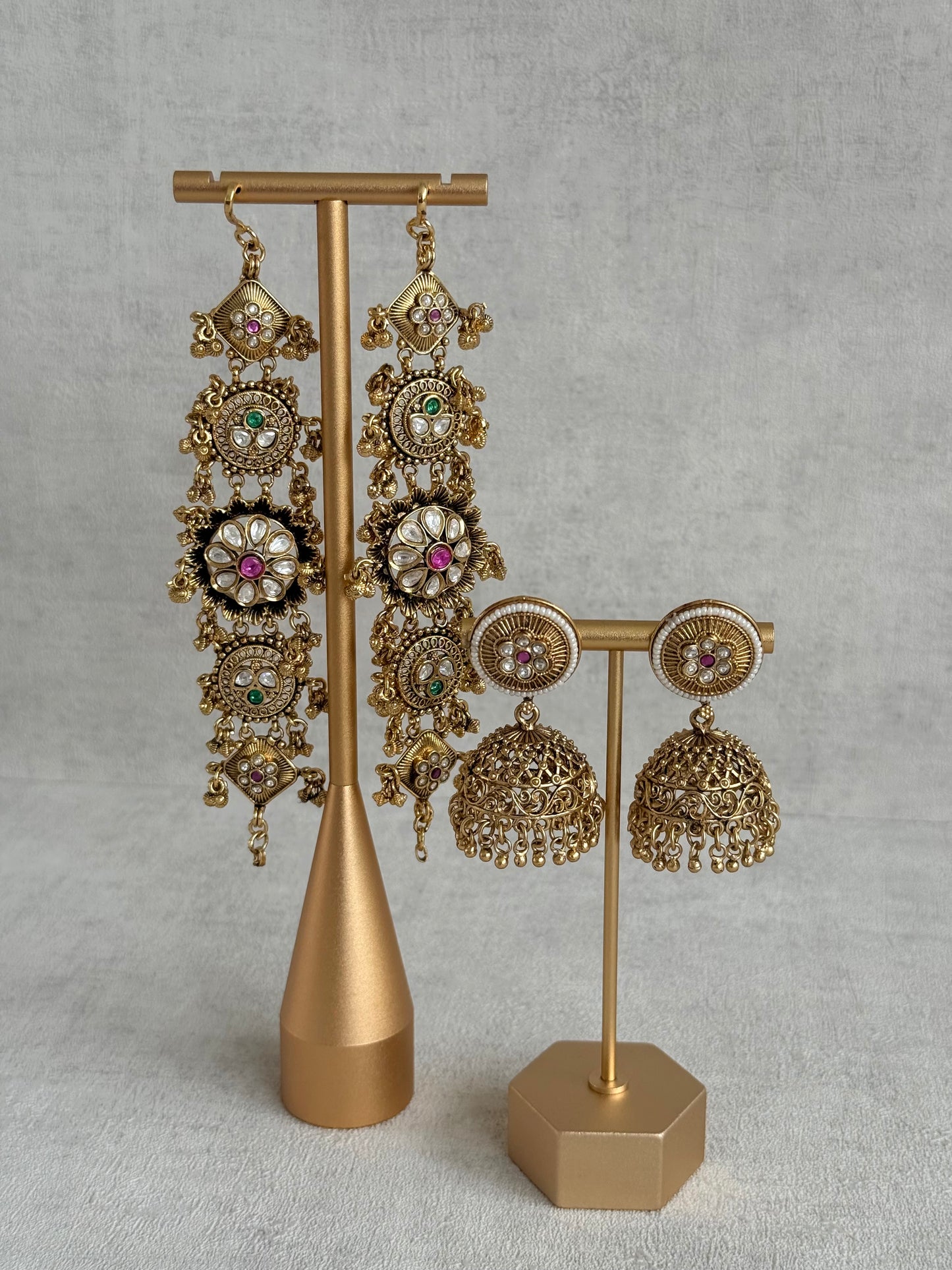 Ayura Designs Sabina Jhumkis with Detachable Sahare – Multicolour Kundan & Antique Gold Finish
