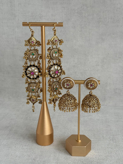 Ayura Designs Sabina Jhumkis with Detachable Sahare – Multicolour Kundan & Antique Gold Finish