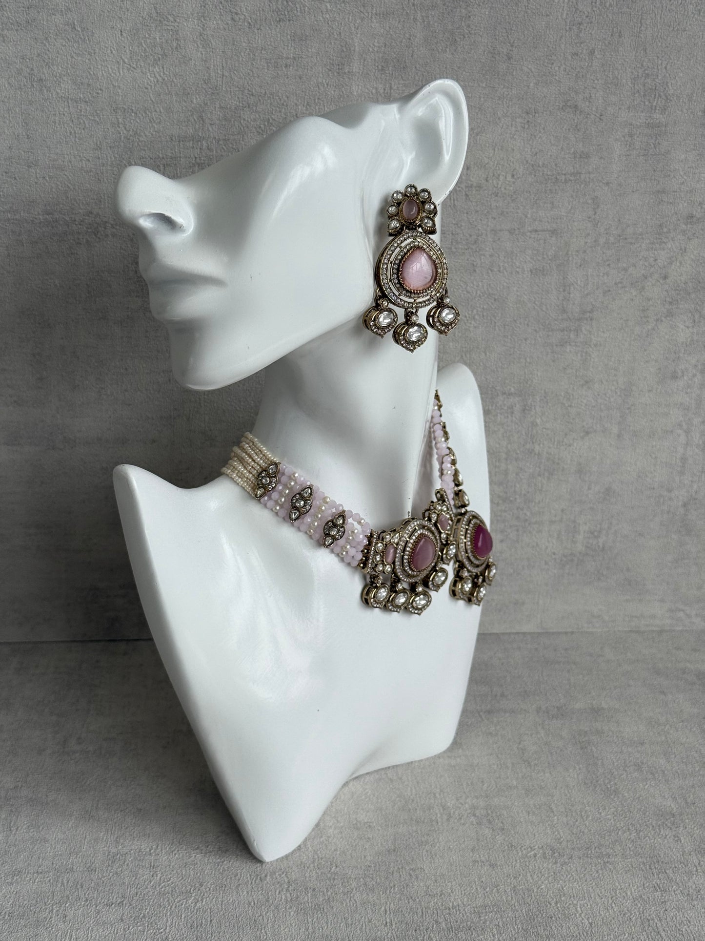 Ayura Designs Rahi Necklace Set with Earrings & Tikka – Blush Pink Stones with Mirror-Cut Detailing & Pearl Strands