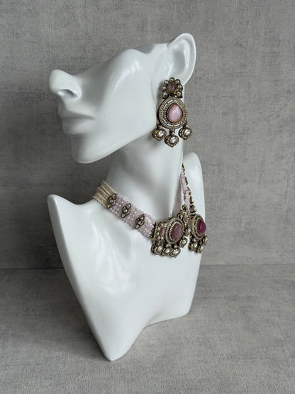 Ayura Designs Rahi Necklace Set with Earrings & Tikka – Blush Pink Stones with Mirror-Cut Detailing & Pearl Strands
