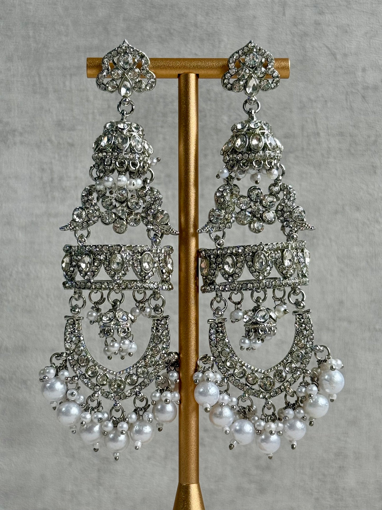 Ayura Designs Giselle Earrings – Silver Finish Chandbali Jhumkas with Mirror-Cut Stones & Pearl Drops