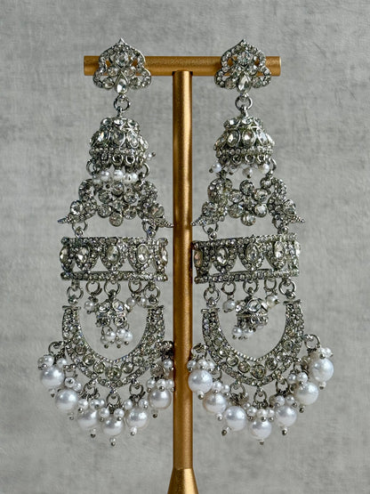 Ayura Designs Giselle Earrings – Silver Finish Chandbali Jhumkas with Mirror-Cut Stones & Pearl Drops