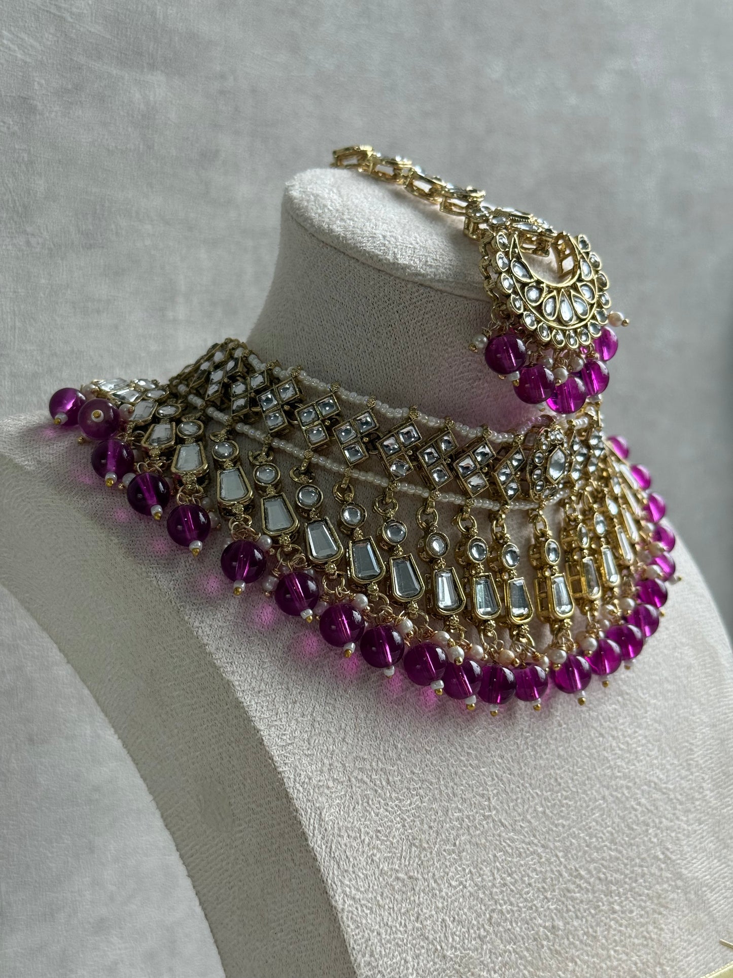 Ayura Designs Shaheen Set with Jhumkis & Tikka – Magenta Beads, Mirror Kundan & Gold Finish