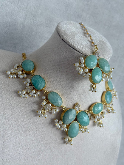 Ayura Designs Anahita Set with Tikka & Earrings – Amazonite, Crystals & Pearls