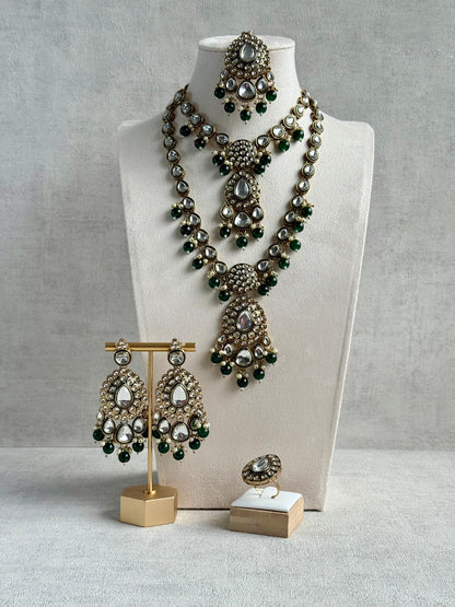 Ayura Designs Kalika Set with Necklace, Earrings, Tikka & Ring – Polki-Style Stones with Antique Green Enamel Detailing, Emerald Green Beads & Pearl Drops