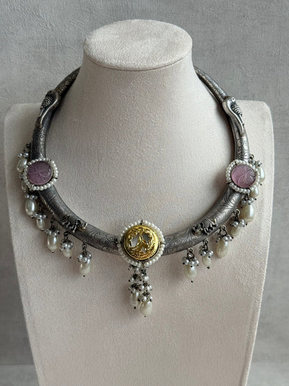 Ayura Designs Zareen Torque Necklace Set with Earrings – Dual Tone Oxidised Collar Necklace with Coin Detailing, Pearl Drops & Peacock Motifs