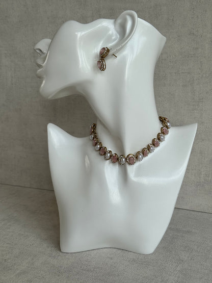 Ayura Designs Eira Set – Necklace, Earrings & Tikka with Blush Pink & Ivory Oval Stones in Antique Gold