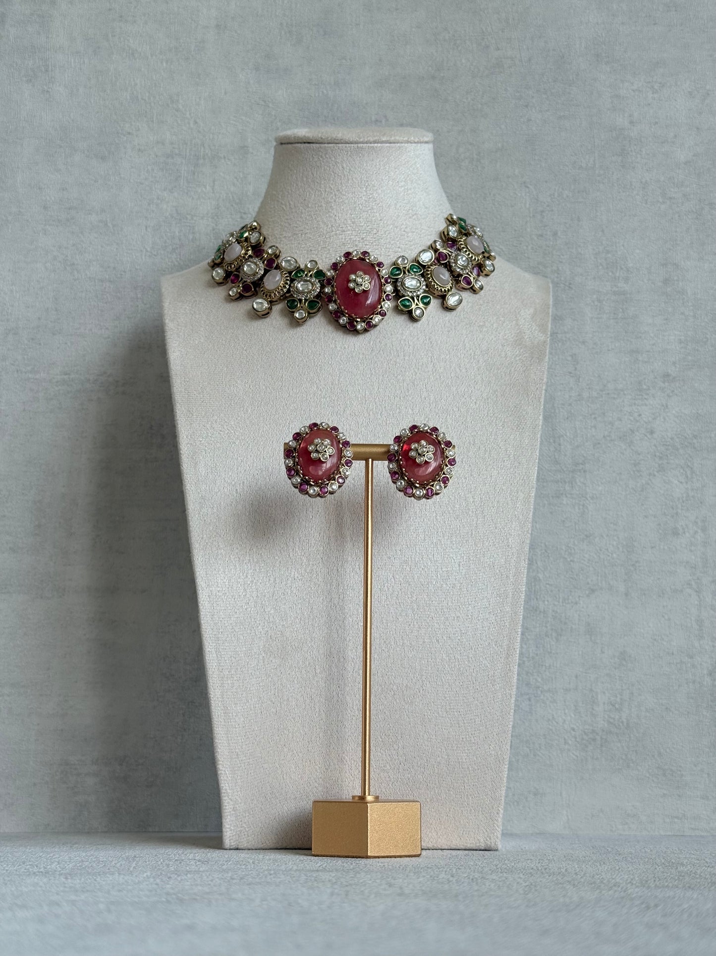 Ayura Designs Nova Necklace Set with Stud Earrings – Rose Pink Centre Stone, Kundan Detailing & Multicolour Gemstone Accents