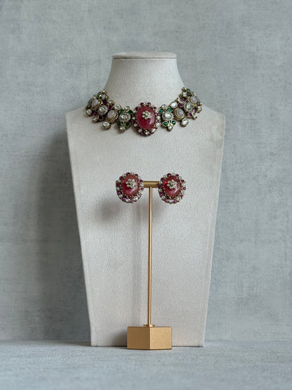 Ayura Designs Nova Necklace Set with Stud Earrings – Rose Pink Centre Stone, Kundan Detailing & Multicolour Gemstone Accents