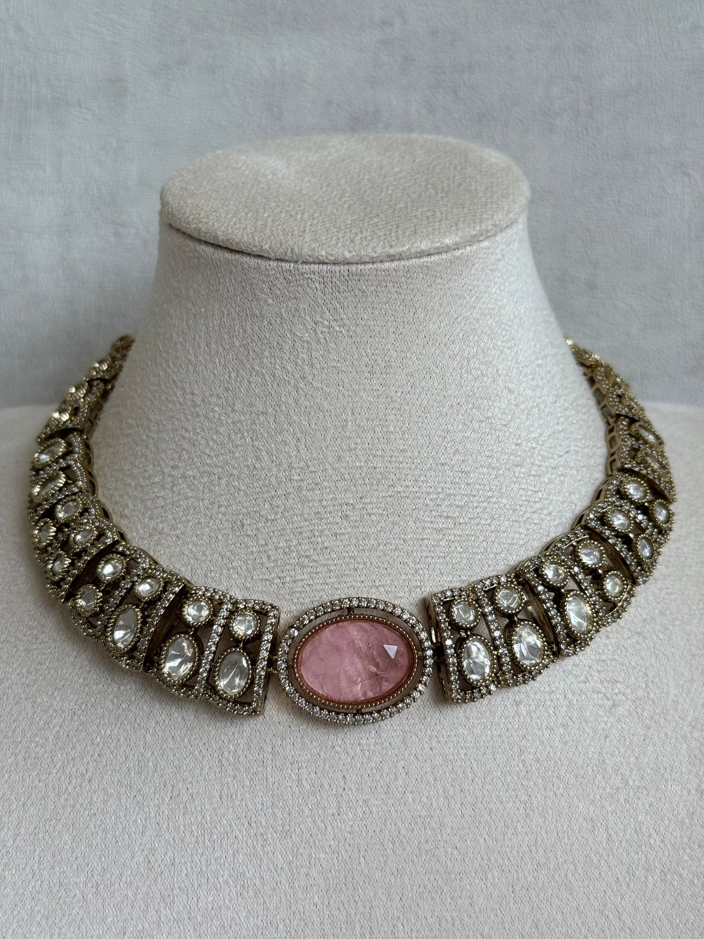 Ayura Designs Sadie Necklace Set with Earrings – Blush Pink Centre Stone, Moissanite Style Stones & Crystal Halo Detailing