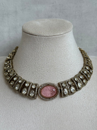 Ayura Designs Sadie Necklace Set with Earrings – Blush Pink Centre Stone, Moissanite Style Stones & Crystal Halo Detailing