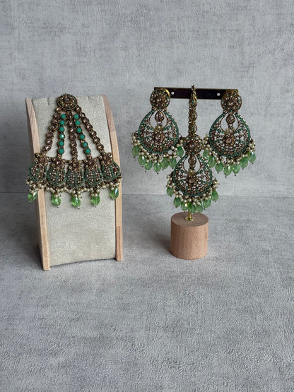 Ayura Designs Gaya Tikka Set with Earrings, Tikka & Sahara – Antique Gold with Pistachio Green Beads, Pearls & Mirror-Cut Stones