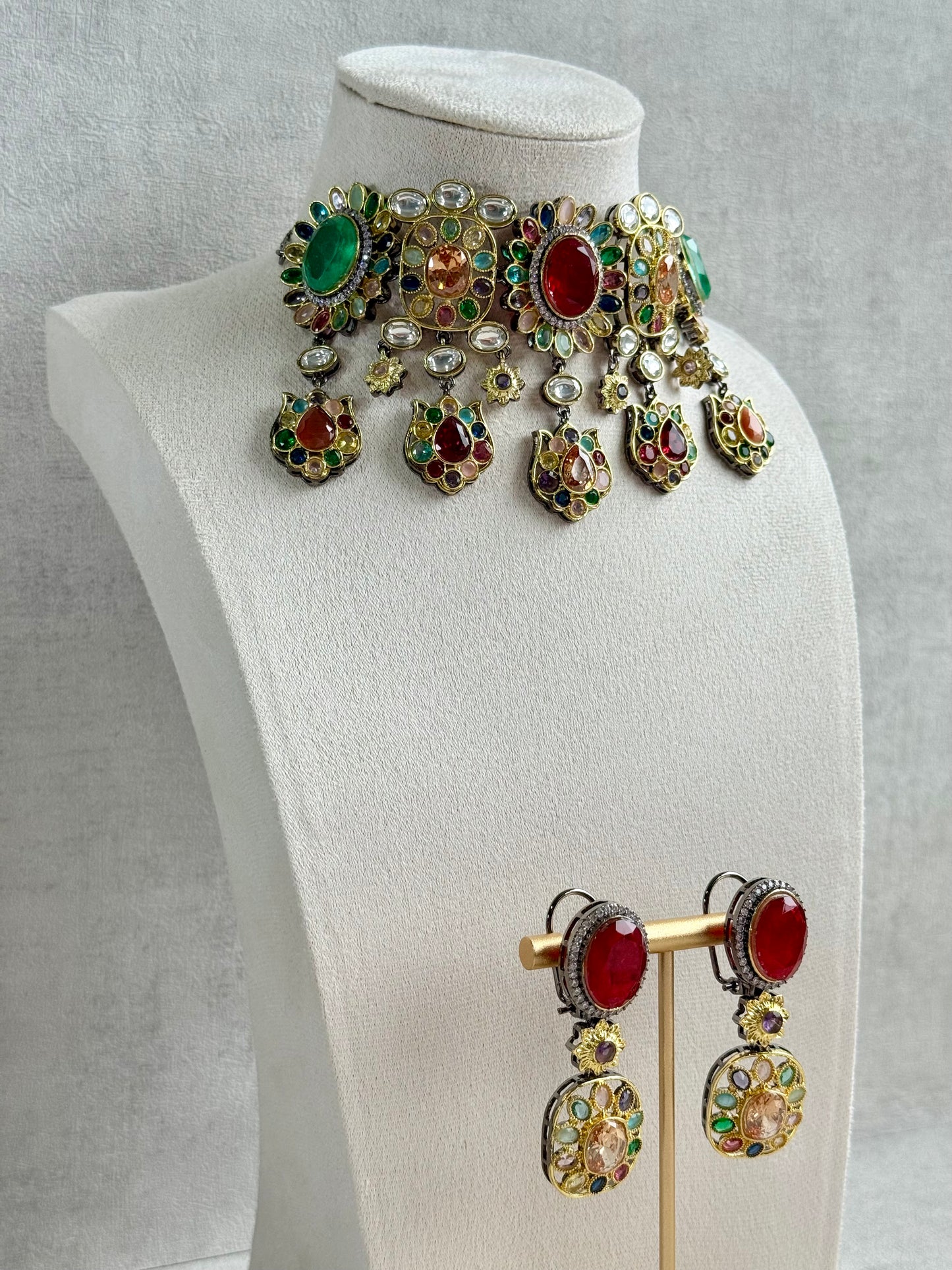 Ayura Designs Verity Choker Set with Earrings – Multicolour Stones, Crystal Accents & Antique Silver Finish