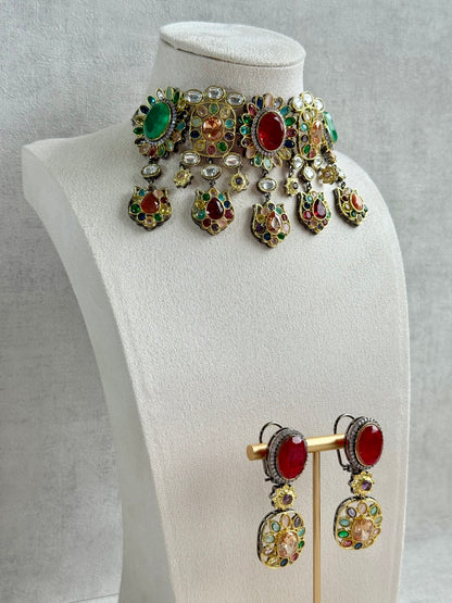 Ayura Designs Verity Choker Set with Earrings – Multicolour Stones, Crystal Accents & Antique Silver Finish