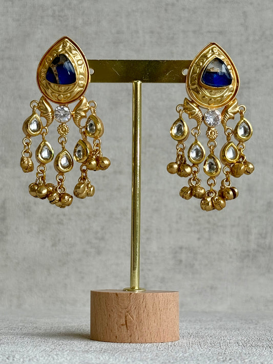 Ayura Designs Arheer Earrings – Sapphire Blue Marble with Kundan Detailing & Antique Gold Ghungroos
