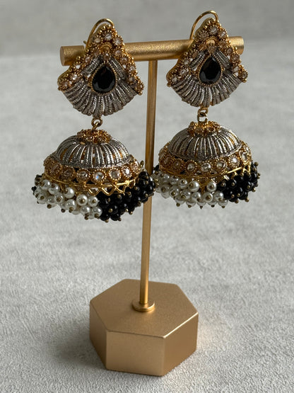 Ayura Designs Nasha Jhumkis – Silver & Gold Dual-Tone Earrings with Black & Pearl Beads