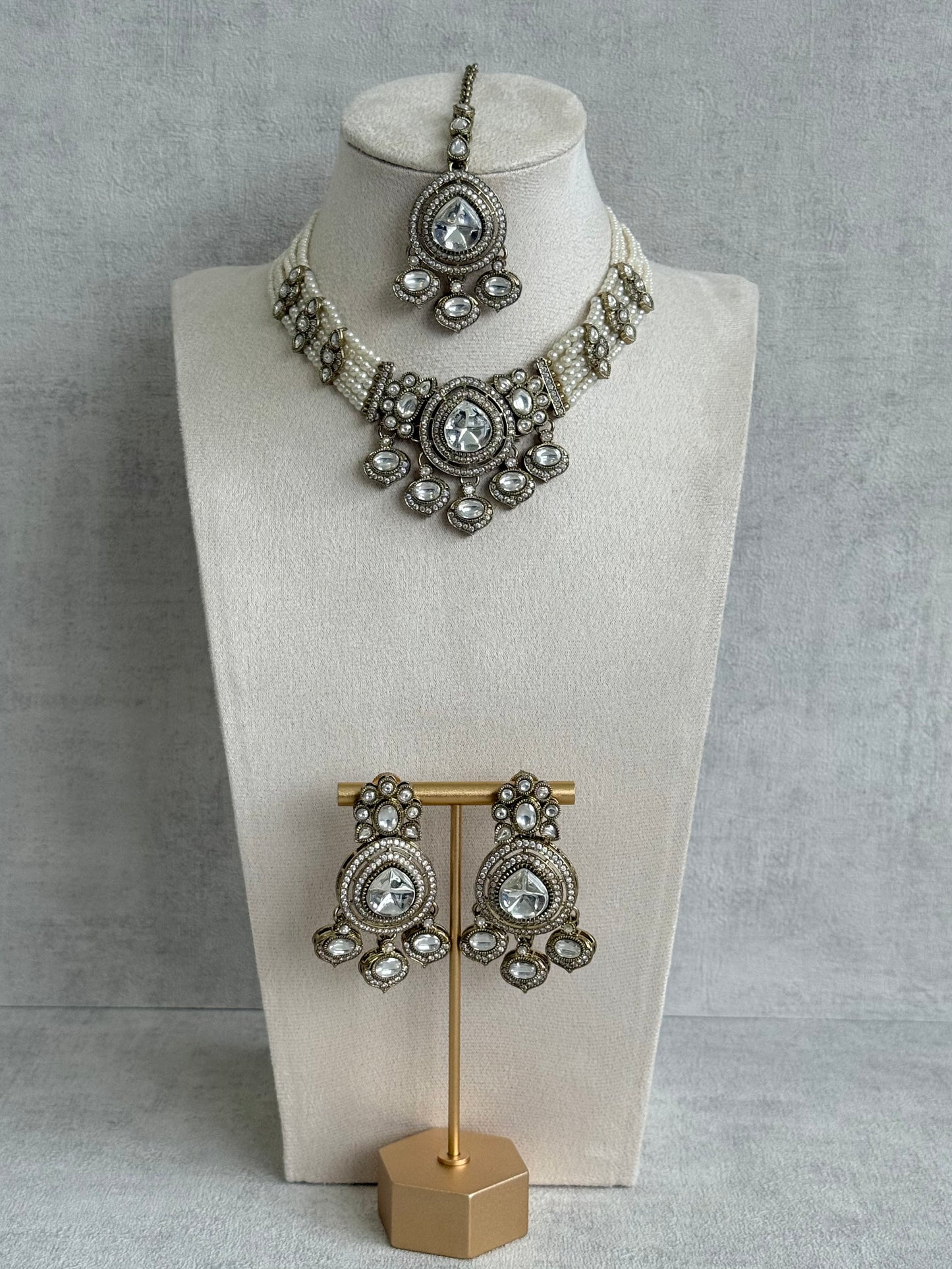 Ayura Designs Rahi Necklace Set with Earrings & Tikka – Ivory Pearl Stones with Mirror-Cut Detailing & Pearl Strands