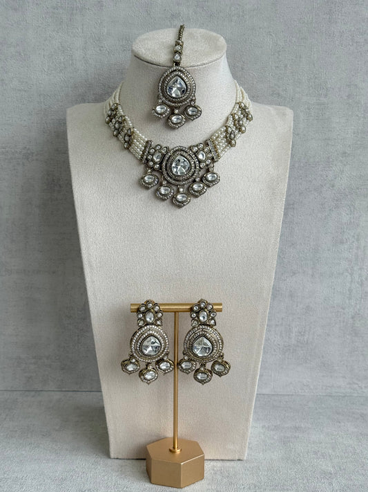 Ayura Designs Rahi Necklace Set with Earrings & Tikka – Ivory Pearl Stones with Mirror-Cut Detailing & Pearl Strands