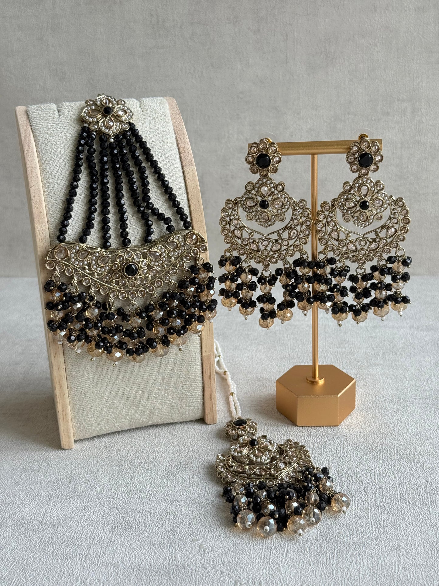 Ayura Designs Dilnaz Necklace Set with Earrings, Tikka & Passa – Black & Champagne Crystal Beads & Antique Gold Finish