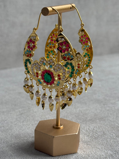 Ayura Designs Nimrat Balis – Emerald Green & Multicolour Stones, Ivory Pearl Beads & Pippal Patti, Gold Finish