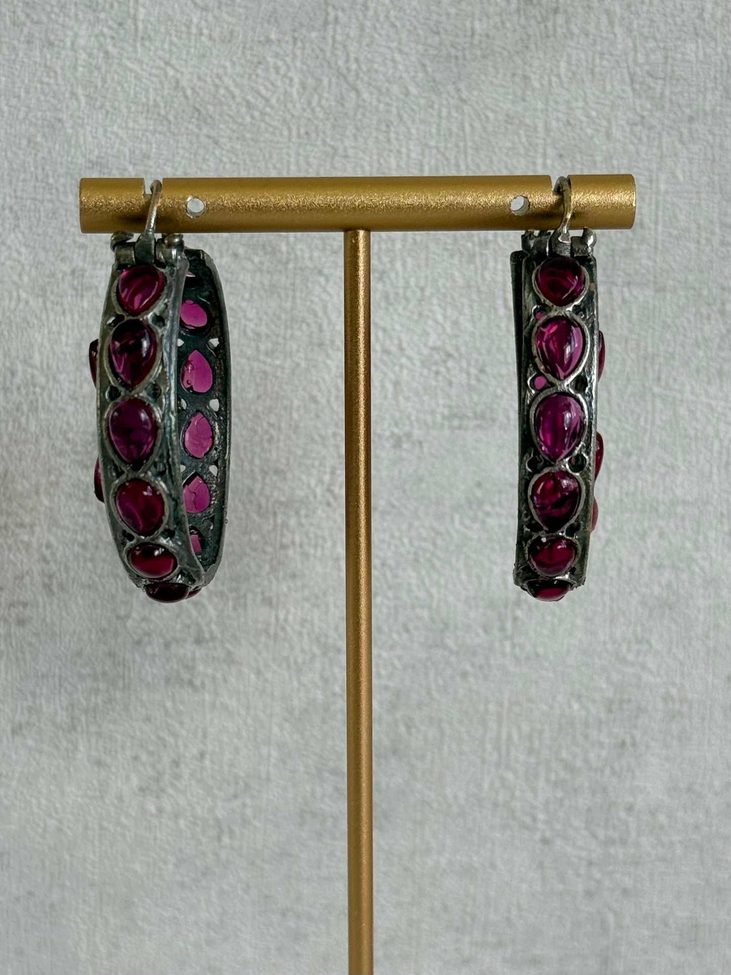 Ayura Designs Nureh Earrings – Dual Tone Floral Hoop Earrings with Ruby Pink Stones & Cutwork Detailing