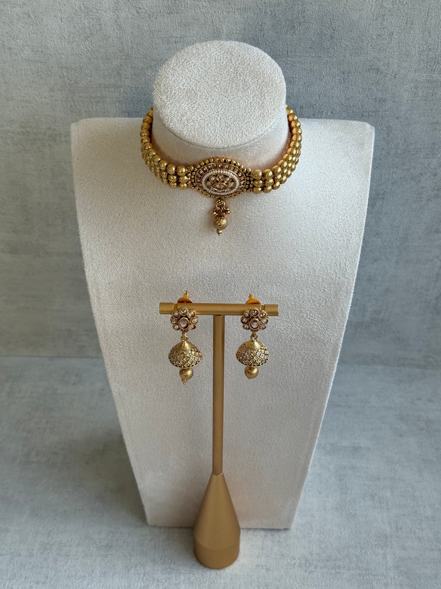 Ayura Designs Kavish Choker Set – Antique Gold Choker with Jhumkis in Champagne Stones & Pearl Detailing