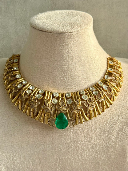 Ayura Designs Rami Collar Set with Jhumkis – Sculpted Gold Collar with Emerald Green Stone and Crystal Detailing
