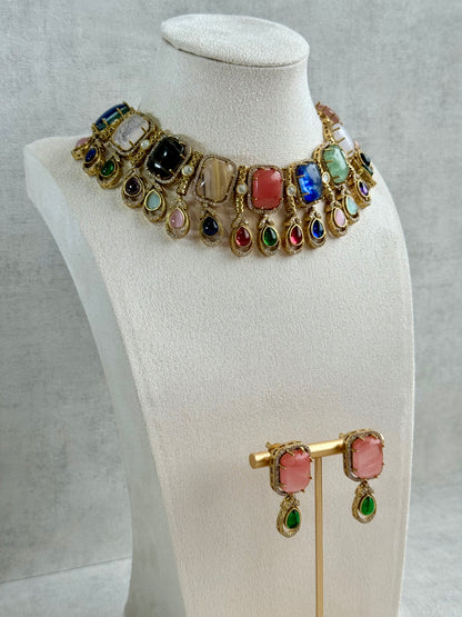 Ayura Designs Adelaide Necklace Set with Earrings – Multicolour Moissanite with Peach Stone Drop Earrings