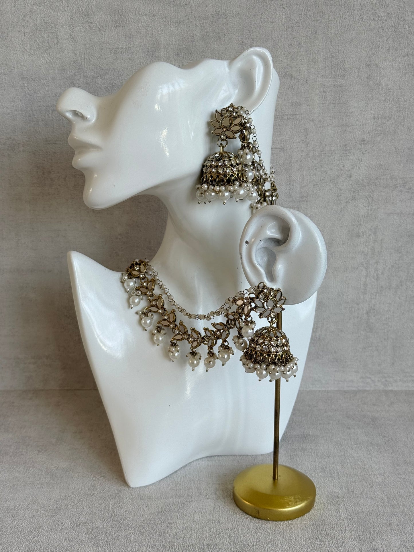 Ayura Designs Sheesh Jhumkis with Sahare – Mirror Kundan Pearl Jhumkis