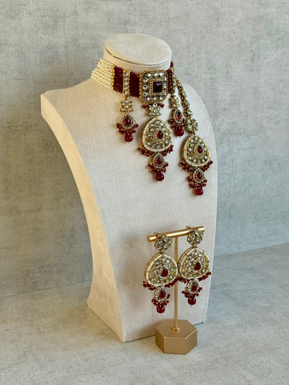 Ayura Designs Zarmeen Choker Set with Earrings & Tikka – Mirror-Cut Stones, Antique Gold Finish and Ruby Red Beads