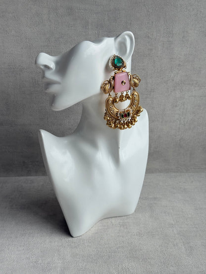 Ayura Designs Sahar Earrings – Statement Earrings with Blush Pink Stone, Mint Green Accents & Ghungroo Detailing