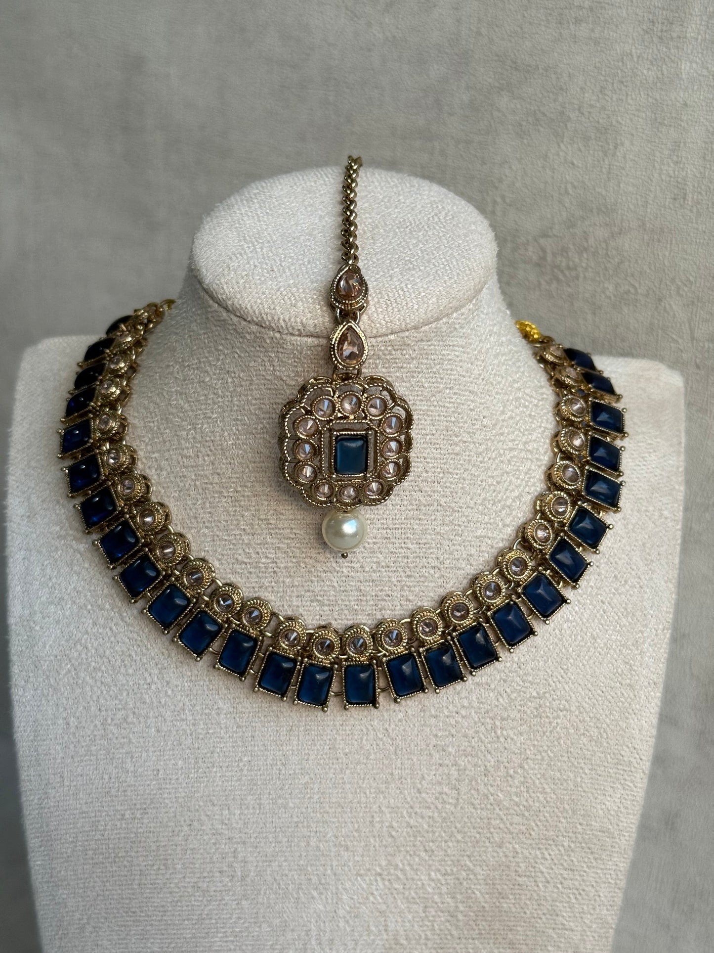 Ayura Designs Dania Set with Necklace, Stud Earrings & Tikka – Midnight Blue Stones, Pearl Drops & Antique Gold Finish