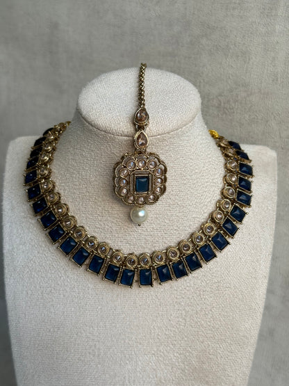 Ayura Designs Dania Set with Necklace, Stud Earrings & Tikka – Midnight Blue Stones, Pearl Drops & Antique Gold Finish