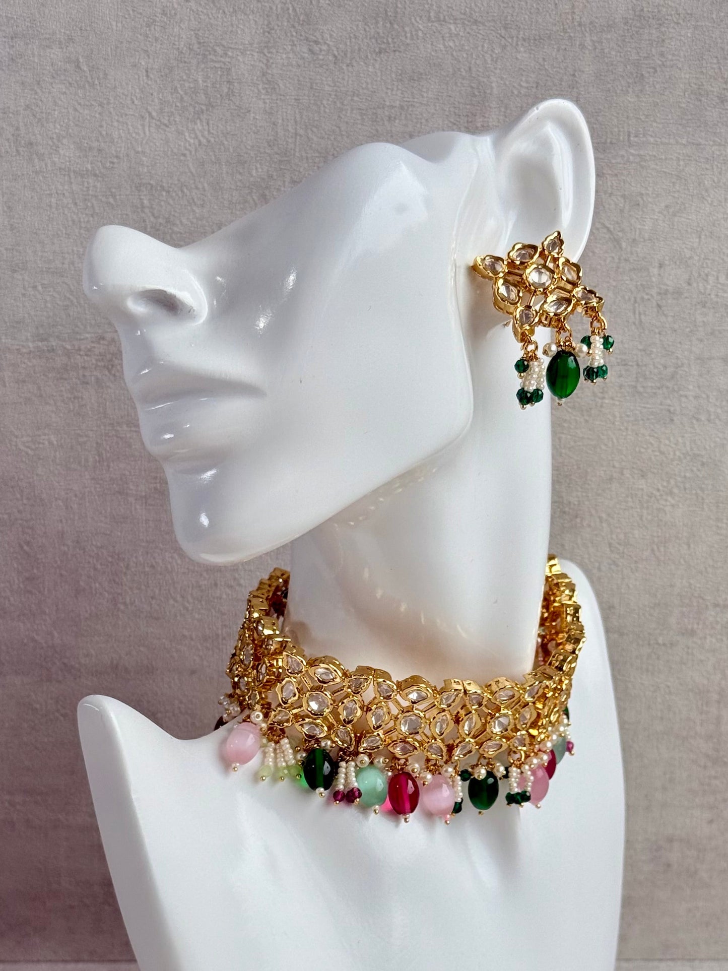 Ayura Designs Navya Choker Set with Earrings – Gold Finish with Moissanite Stones, Lattice Design, Emerald Beads & Pearl Detailing