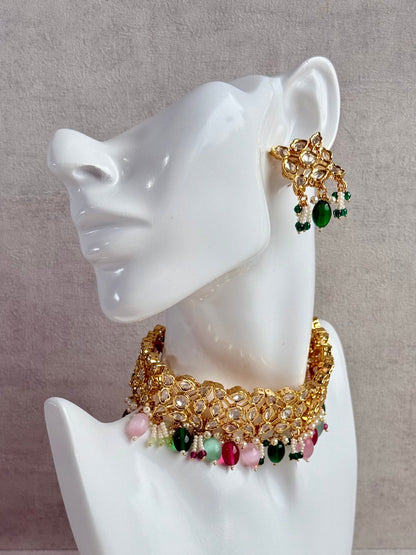 Ayura Designs Navya Choker Set with Earrings – Gold Finish with Moissanite Stones, Lattice Design, Emerald Beads & Pearl Detailing
