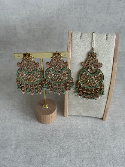 Ayura Designs Anvi Tikka Set with Earrings – Blush Pink & Mint Green with Champagne Stones & Pearl Drops