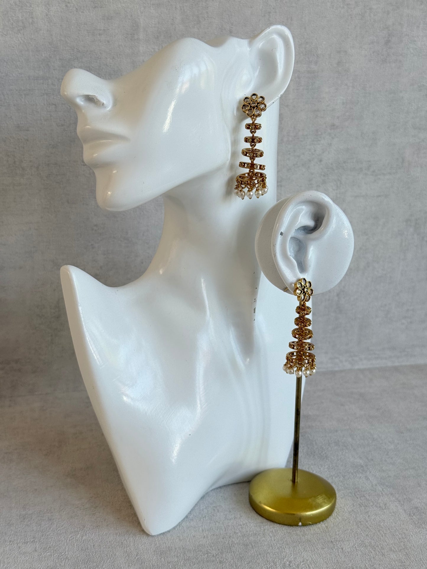 Ayura Designs Adira Jhumkis – Gold Floral Jhumkis with Layered Crystal Rings & Pearl Drops