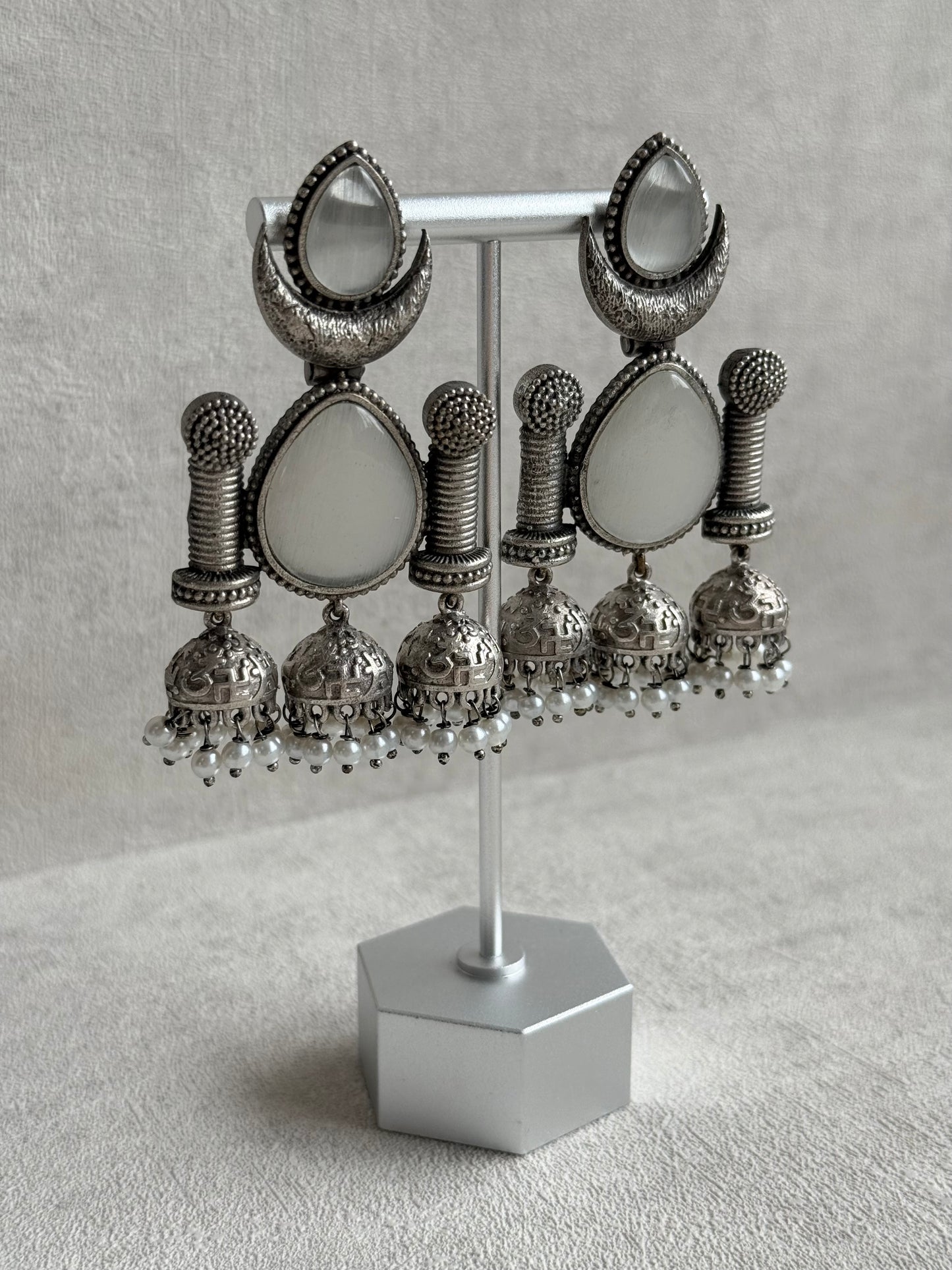 Ayura Designs Qissa Earrings – Oxidised Triple Jhumki Earrings with Opal Grey Stones & Pearl Detailing
