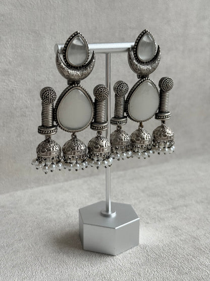Ayura Designs Qissa Earrings – Oxidised Triple Jhumki Earrings with Opal Grey Stones & Pearl Detailing