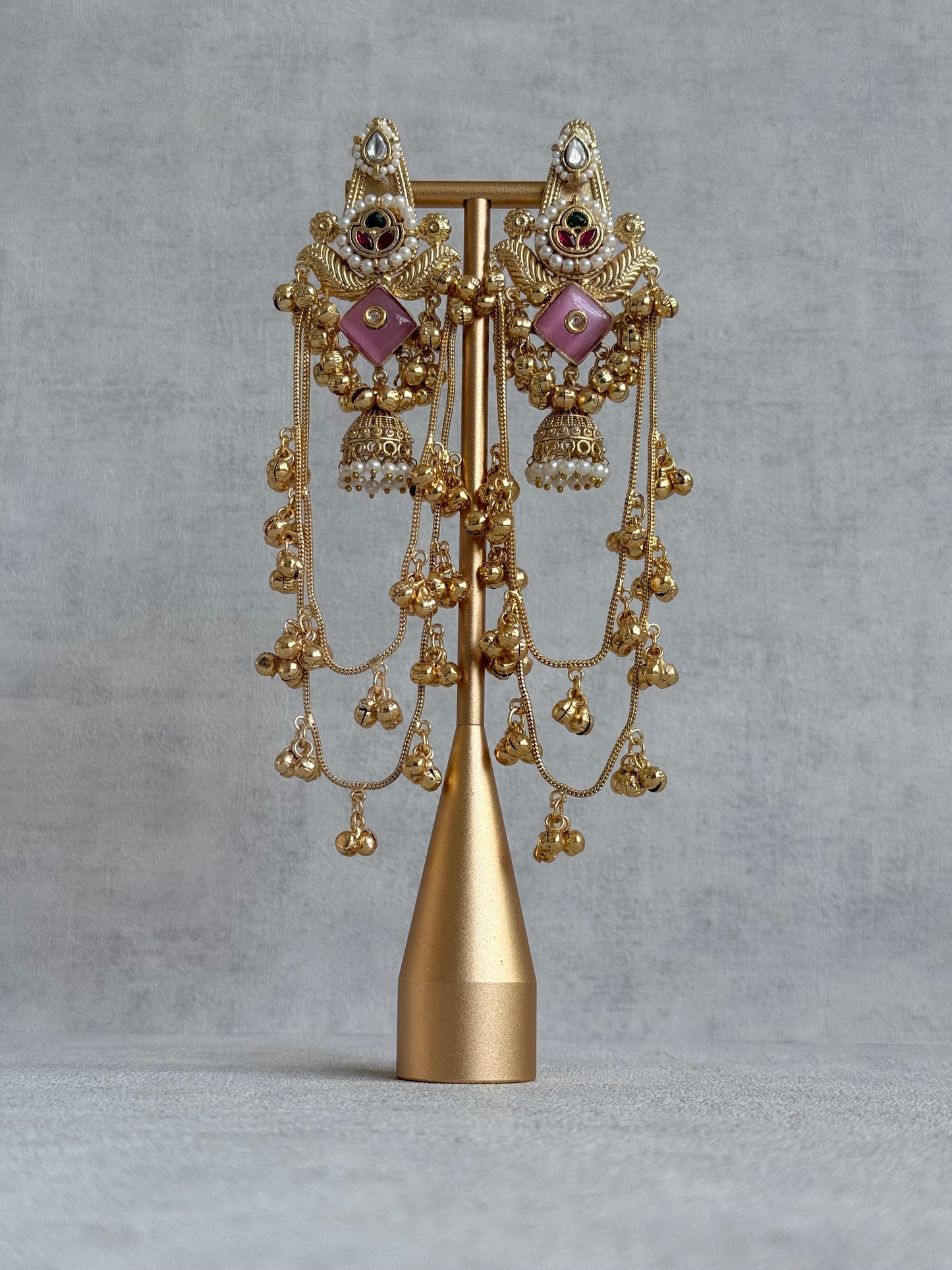 Ayura Designs Simal Earrings – Kashmiri Earrings with Pink Stone, Multicoloured Detailing, Layered Ghungroo Chains & Jhumkis