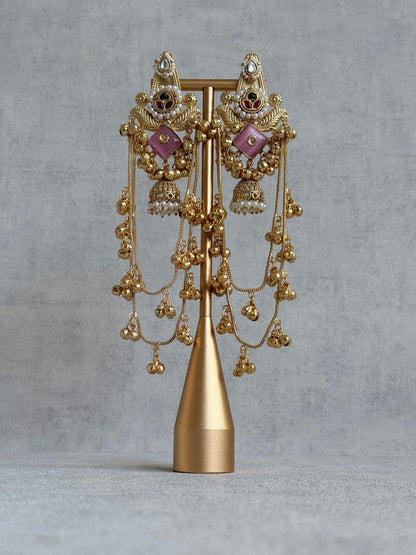 Ayura Designs Simal Earrings – Kashmiri Earrings with Pink Stone, Multicoloured Detailing, Layered Ghungroo Chains & Jhumkis