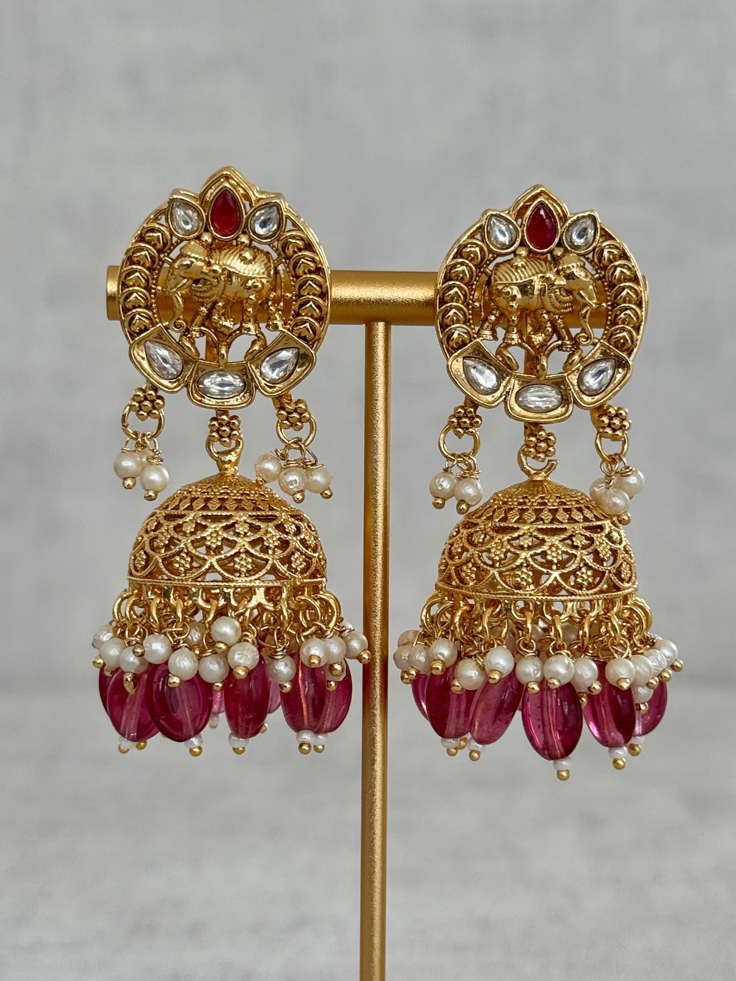 Ayura Designs Tanu Choker Set with Earrings & Tikka – A Golden Harmony of Pearls, Ruby Red Accents & Intricate Gold Detailing