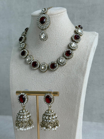 Ayura Designs Eira Necklace Set with Earrings & Tikka – Ruby Red & Crystal Stones with Antique Gold Finish