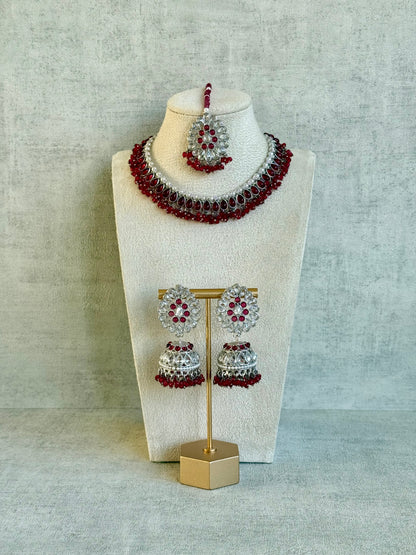 Ayura Designs Saima Set – Necklace, Jhumkis & Tikka in Deep Rose Pink with Silver Finish