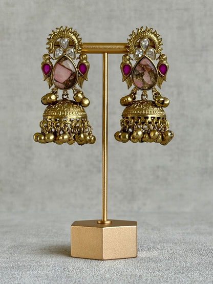 Ayura Designs Avleen Earrings – Rose Pink Marble with Antique Gold Jhumkis