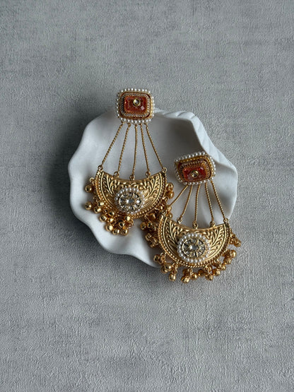 Ayura Designs Jheel Earrings – Amber Half-Moon Drops with Pearl Edging & Golden Ghungroos