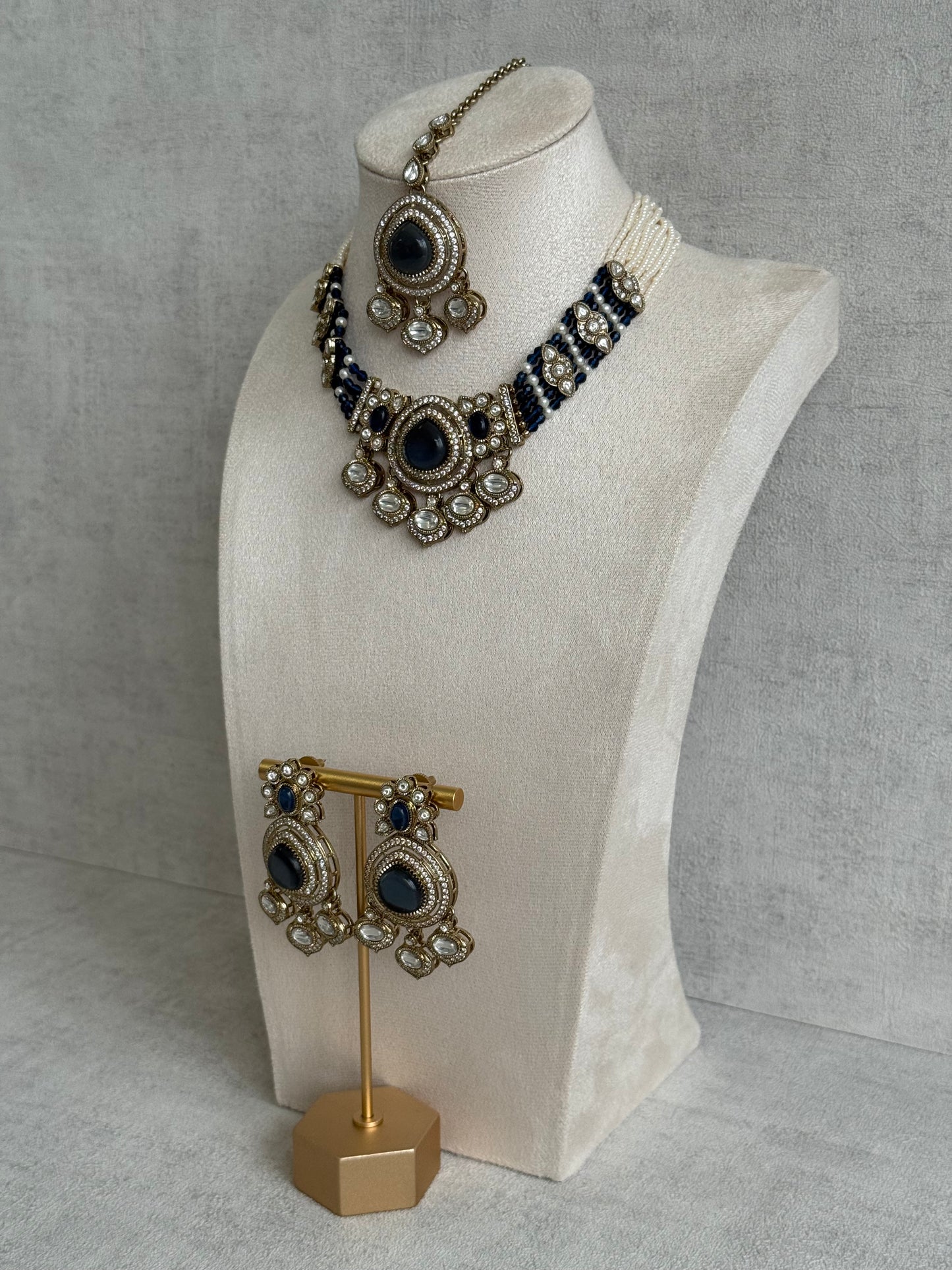 Ayura Designs Rahi Necklace Set with Earrings & Tikka – Ink Blue Stones with Mirror-Cut Detailing & Pearl Strands